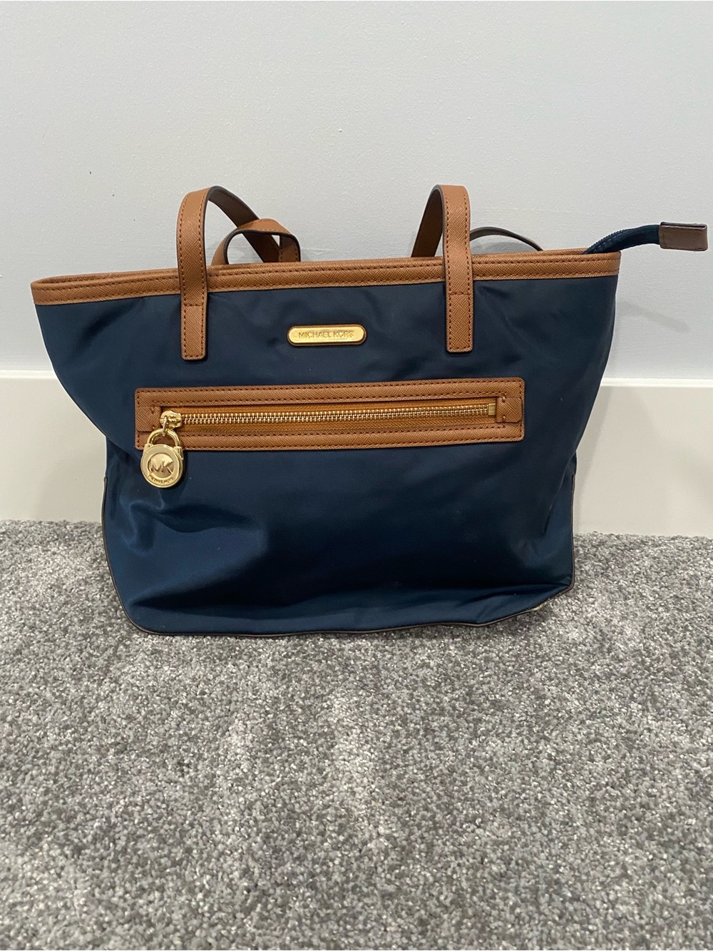 Michael Kors Kempton Solid Navy Brown Nylon Tote Bag